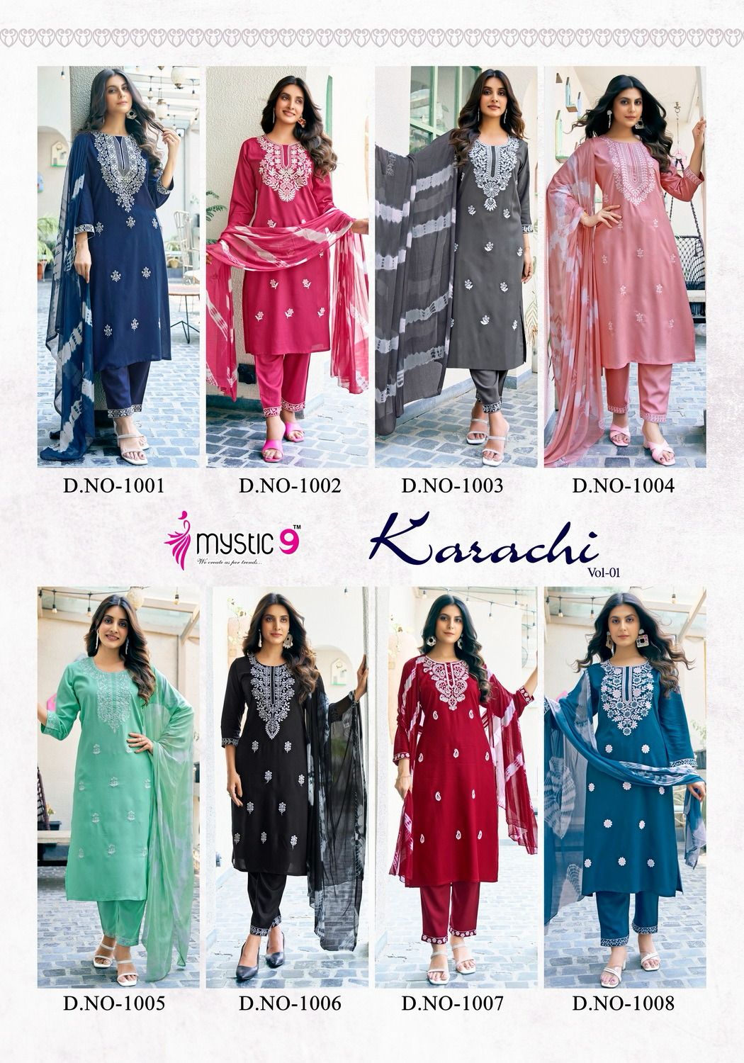 Karachi Vol 1 By Mystic 9 Lucknowi Style Embroidery Kurti With Bottom Dupatta Wholesalers In Delhi
